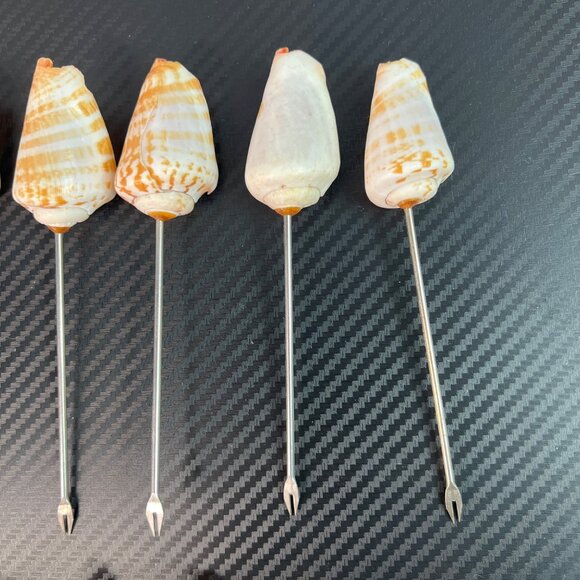 Set Of 12 Natural Seashell Cocktail Skewers MCM Silver Tone Metal Appetizer - Picture 2 of 12